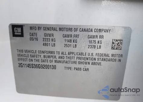 2016 Chevrolet Impala 2Lz from USA, damaged, VIN 2G1145S36G9200130